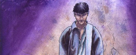 Painting of a dark-haired man in a long coat standing on cracked ground under a purple sky (detail of the cover)
