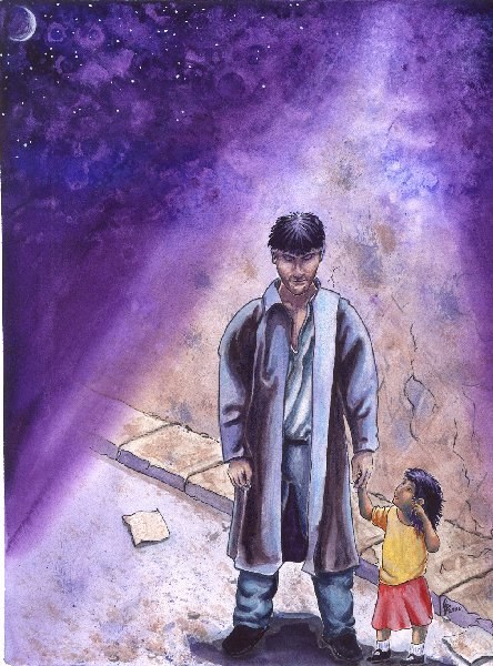 Painting of a man in a long coat holding the hand of a small girl in a red dress on cracked ground, beneath a starry purple sky with a moon