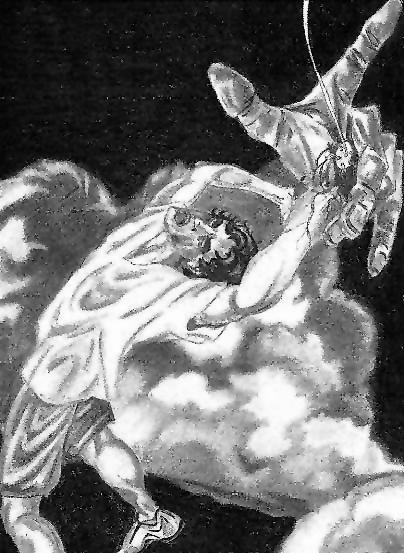 Grayscale drawing of a man in a loose shirt being lifted or flung upward through billowing clouds
