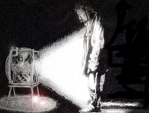 Grainy black-and-white image of a man standing in the bright beam of an old film projector