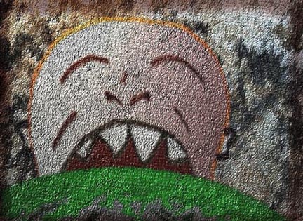 Textured painting of a grinning moon face with jagged teeth above a green hill