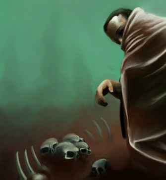 Painting of a hooded, cloaked figure leaning on a staff above a pile of skulls in green mist