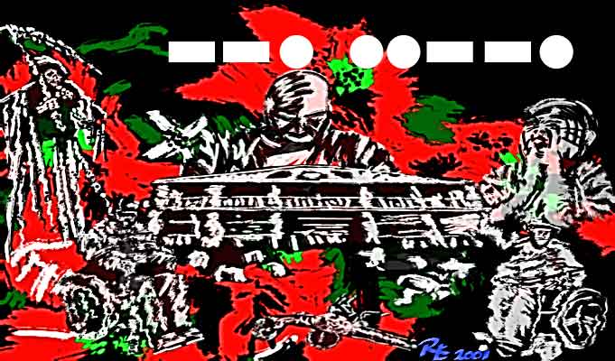Busy red, green, black and white graphic of grotesque figures around a long table beneath a row of dots and dashes