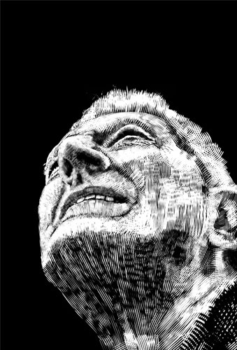 Black-and-white engraved-style portrait of an older man looking upward