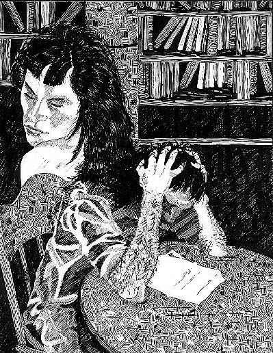 Pen-and-ink drawing of a long-haired woman seated at a table with a letter, holding her head in her hands, bookshelves behind her
