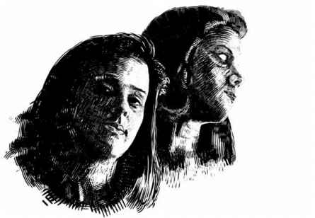 Black-and-white portrait of two women's faces in profile, one behind the other