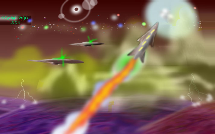 Colorful digital painting of a rocket blasting off over a purple landscape among flying saucers and glowing orbs