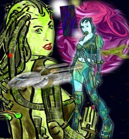 Digital collage of a green-skinned cyborg woman with tubes for hair beside a pink-haired woman in a green bodysuit, a spaceship between them
