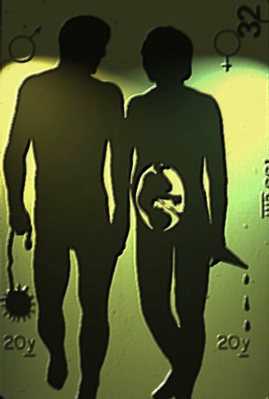 Altered Voyager plaque image: silhouettes of a nude man and woman against a glowing yellow-green background with symbols