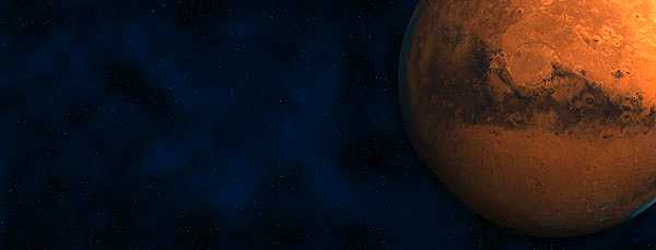 Dark blue starfield with the red planet Mars at the right edge