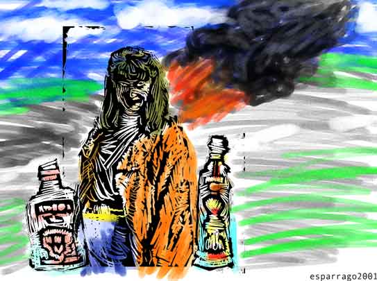 Rough colorful painting of a long-haired woman in an orange jacket between two bottles, a burning comet streaking across the sky behind her