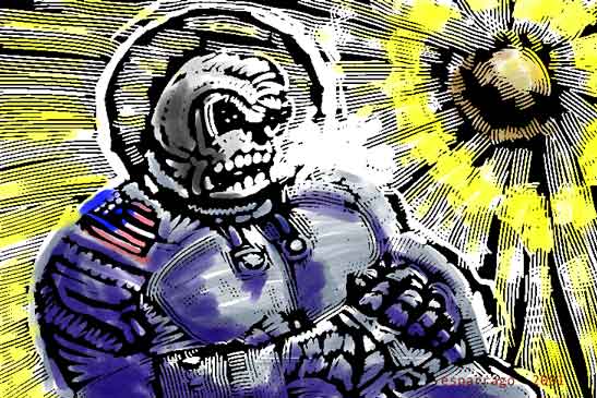 Comic-style ink drawing of a skull-faced astronaut in a cracked helmet with an American flag patch, a burning star behind him