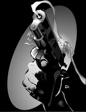 Black-and-white airbrushed image of a hand holding a pistol against a pale oval