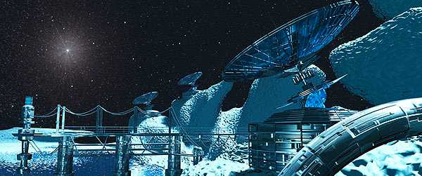 Computer-rendered space station of blue glass domes and walkways floating in a starfield