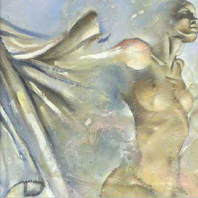 Pale, sculpted-looking painting of a nude woman with a flowing cloak swept behind her