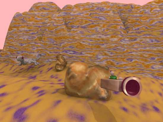Computer-rendered orange desert landscape with a strange curled creature lying on the sand near a cylindrical object