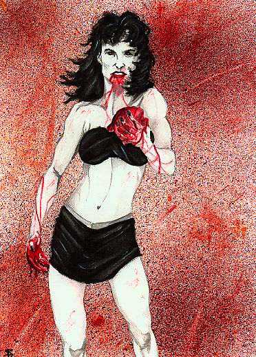 Ink drawing of a dark-haired woman in a bra and shorts holding a bleeding heart to her mouth, splattered with red