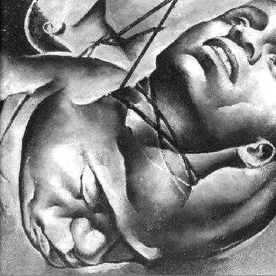 Grayscale drawing of two men's faces tilted back, entangled in strings