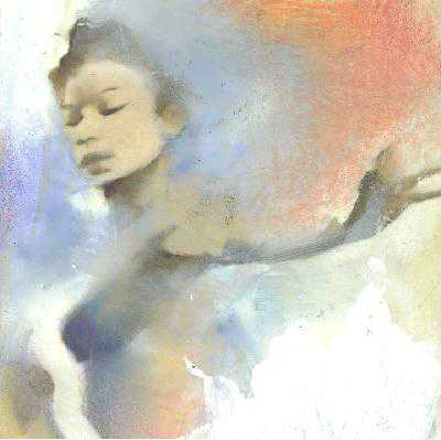 Soft watercolor of a woman's face and outstretched arm dissolving into pastel clouds