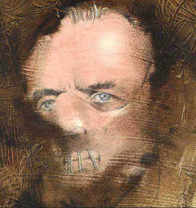 Painted close-up of a man's face with piercing blue eyes behind a restraining face mask