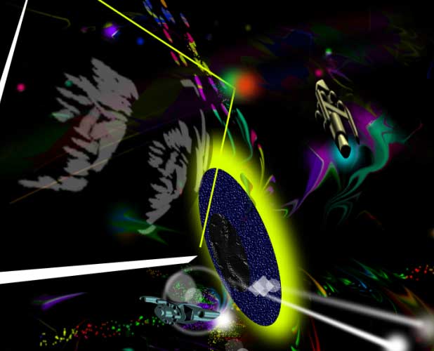 Psychedelic digital art of a glowing yellow-green ring portal in space with ghostly faces and light beams