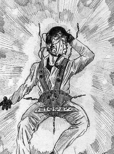 Black-and-white manga-style drawing of a man clutching his head as wires burst from him amid radiating lines