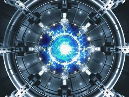 Symmetrical metallic chamber of a particle accelerator with a blazing blue energy core at its center