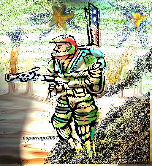 Scratchy colorful drawing of a helmeted space soldier with a rifle on a hillside, stars and a flag behind him