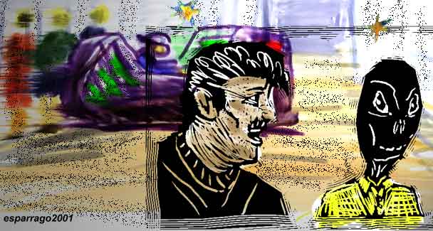 Sketchy drawing of a man's grimacing face beside a black-headed alien in a yellow uniform