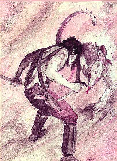 Pencil and color drawing of a woman in boots and tattered clothes swinging a mechanical claw arm