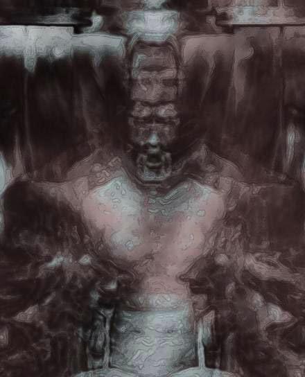 Murky grey-brown digital art of a symmetrical stone-like figure dissolving into haze