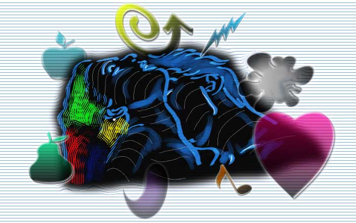 Colorful collage of a glossy blue-veined shape with a red heart, an apple, a swirl and lightning bolts