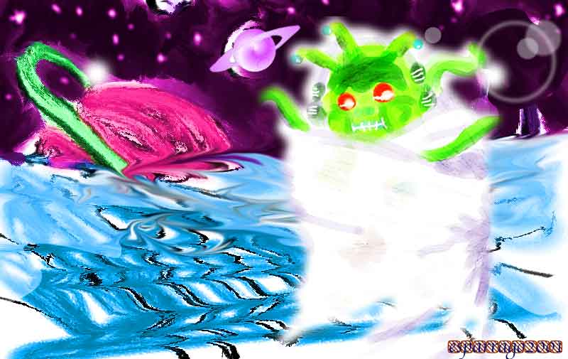 Bright cartoon of a green three-eyed alien baby emerging from a pink and blue space-scape with planets