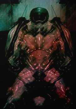 Dark reddish digital art of a hulking armored humanoid crouching