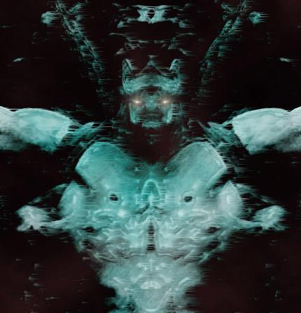 Symmetrical teal and black digital art resembling a crustacean-like mask