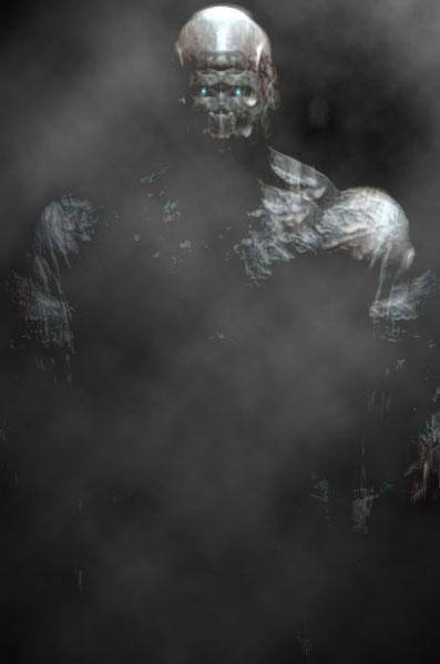 Grey misty digital image of a skull-faced figure in a helmet emerging from smoke