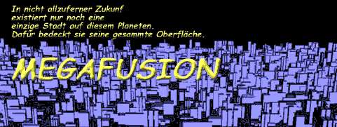 Banner reading MEGAFUSION in yellow over a purple city skyline, with a short German caption