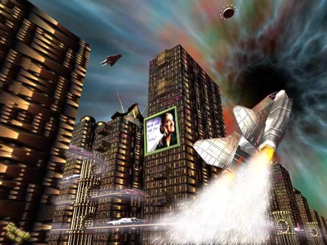 A space shuttle blasting off between towering skyscrapers toward a black hole in a stormy sky