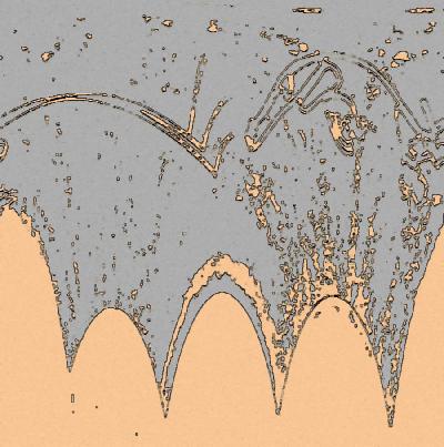 Abstract image of curving orange arches and ornate lines over a grey background