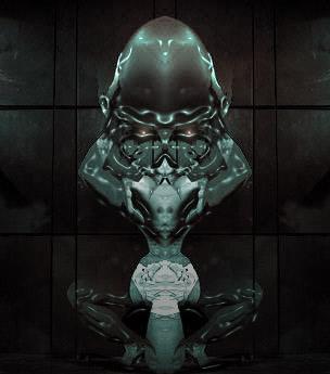 Symmetrical teal digital art of an alien creature with a bulbous head seated on a pedestal