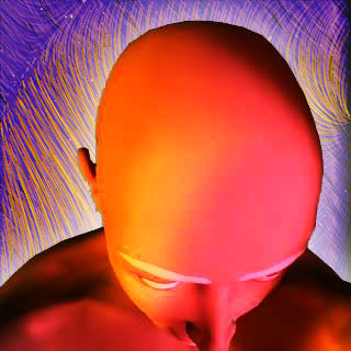 A bald head bowed forward, glowing orange against a purple background streaked with fine lines