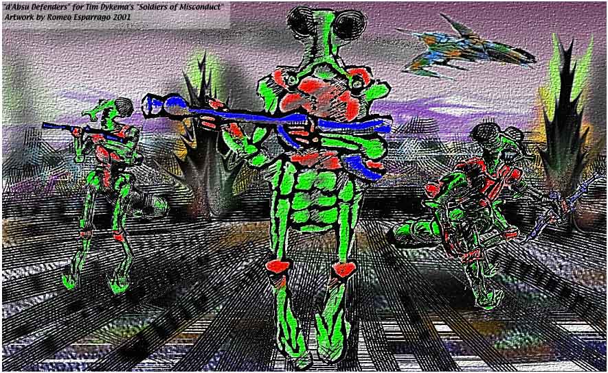 Green armored alien soldiers with blue rifles marching across a chaotic landscape, a ship flying above