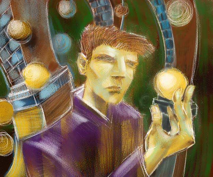 Painting of a young man holding glowing golden orbs in both hands, surrounded by swirling film strips