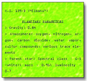 Green computer readout: X.I. 139-D (Elbanu). Planetary parameters: Gravity 0.84; Atmosphere: oxygen, nitrogen, argon, carbon dioxide, water vapor, sulfur compounds, various trace elements; Parent star: spectral class G-5 (white), mass 0.91, luminosity 0.7