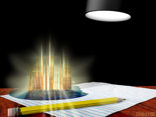 A glowing golden city rising from a sheet of lined paper beside a yellow pencil, under a desk lamp