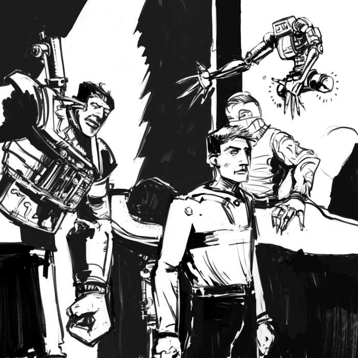 Black and white comic-style drawing of tense men in uniforms and armor with a robot arm reaching overhead