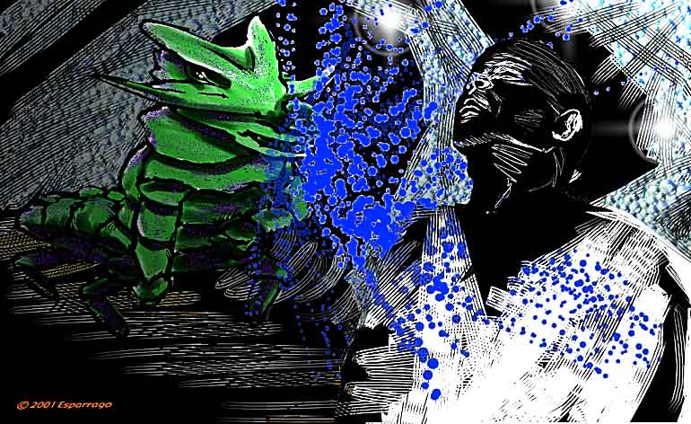 A green dragon-like alien confronting a figure in a dark helmet, blue sparks scattered between them