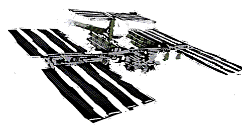 Black and white drawing of the International Space Station with its long striped solar panels