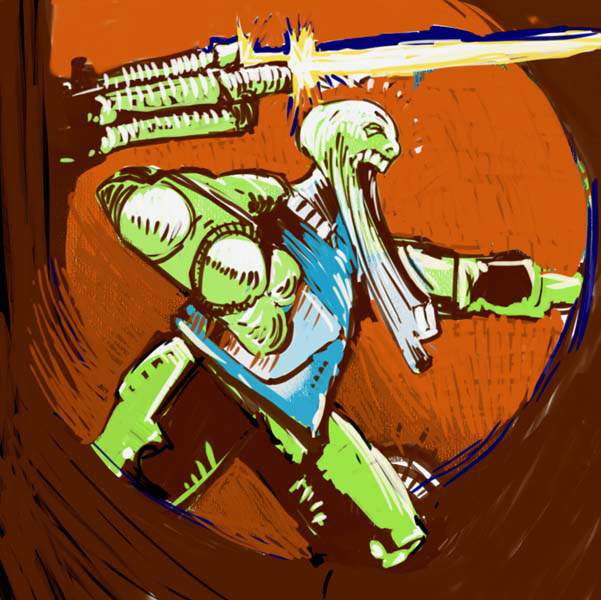 Comic-style painting of a green alien warrior swinging a glowing sword, with a mechanical arm