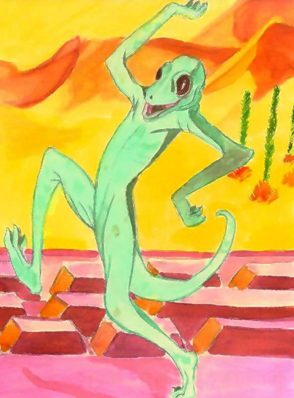 Painting of a green lizard-like creature dancing on its hind legs against a hot orange sky